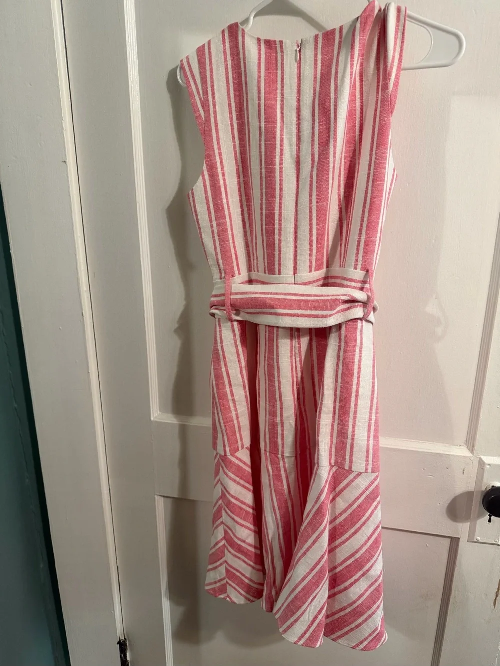 J. Crew Red and White Striped Linen Blend Flounce Dress